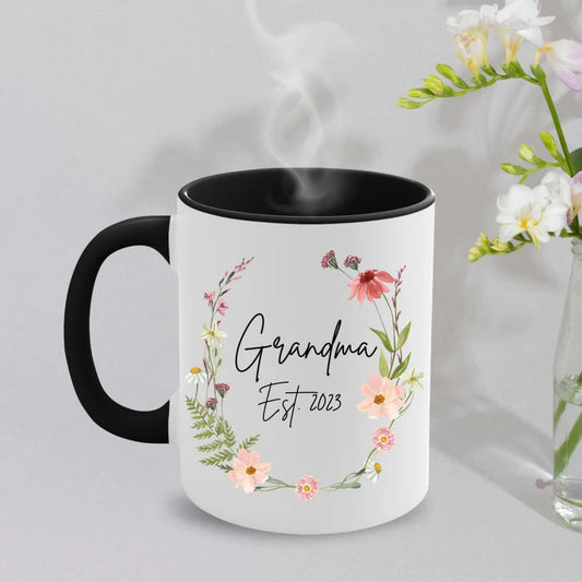 bright colored interior ceramic mug with name and logo printing