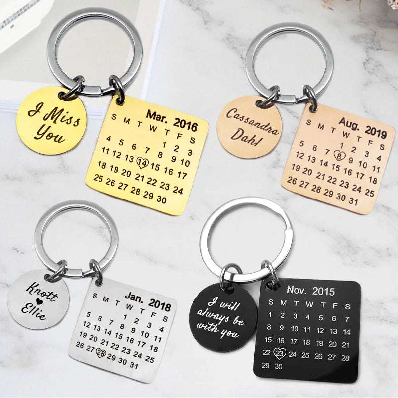 Close-up of personalized calendar keychain – engraved date keepsake