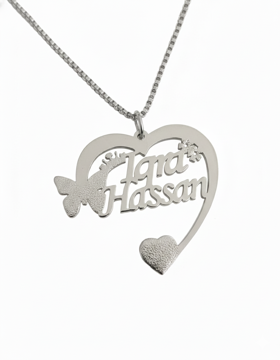 Personalized stone cut heart necklace with butterfly detail by KraftedKey.