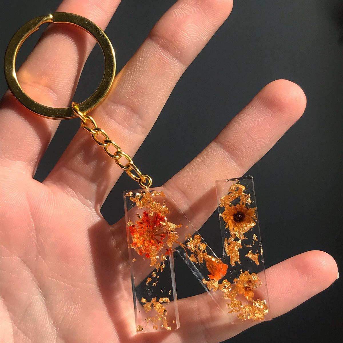 Clear resin alphabet keychain with name charm – handmade India