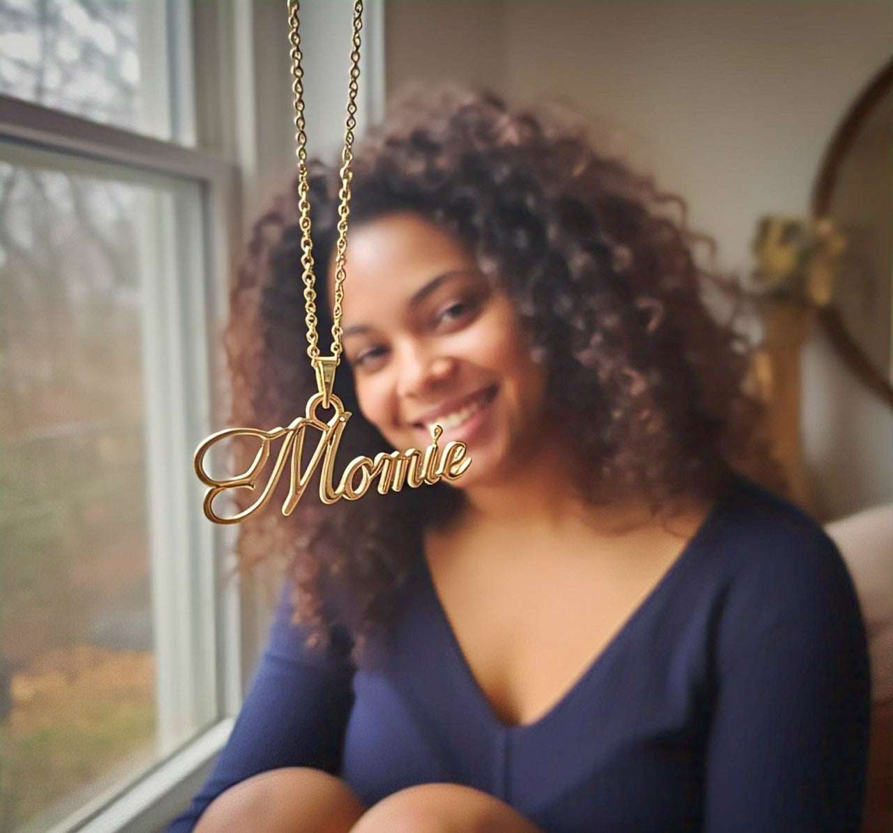Hand wearing luxury name pendant, unique custom accessory