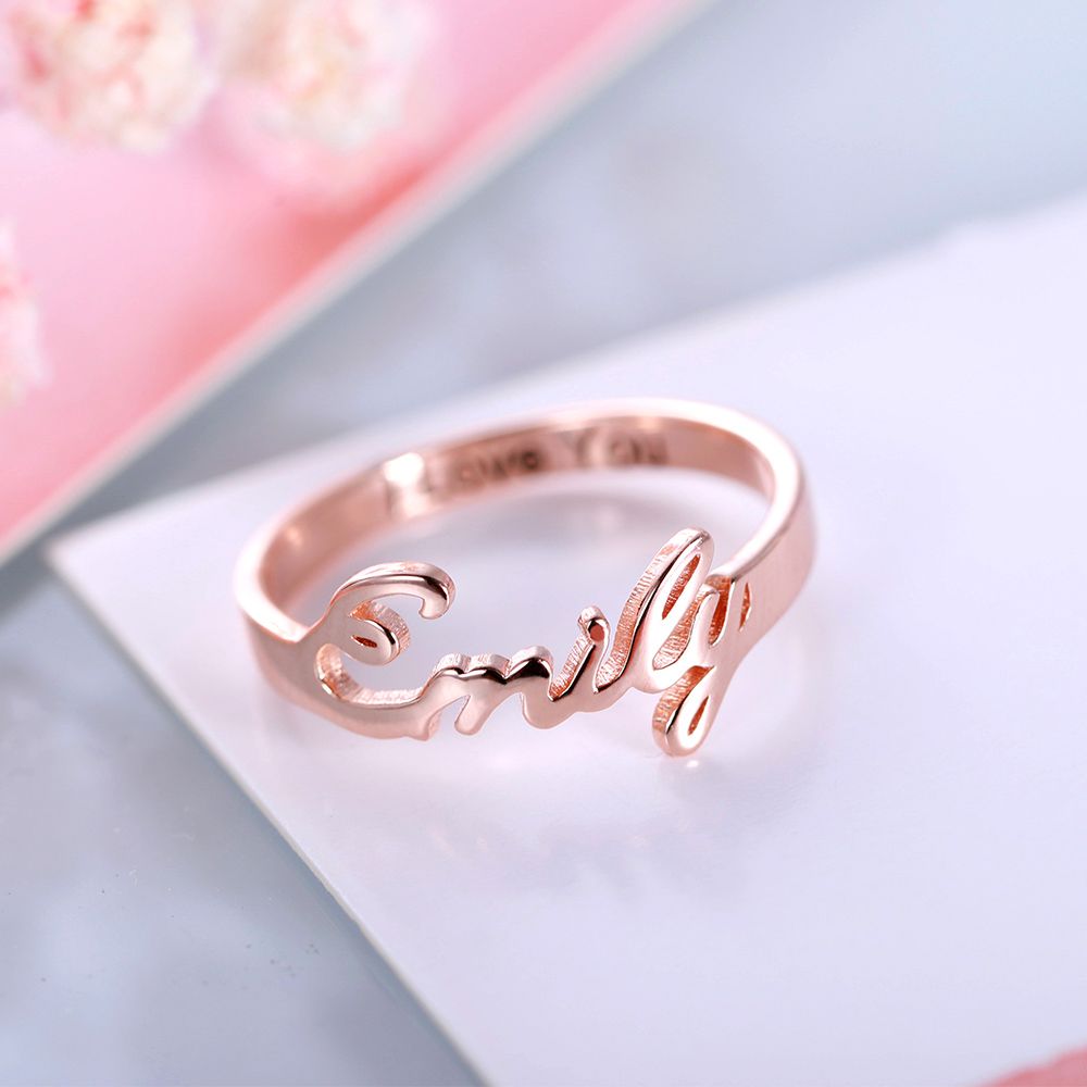 Rose gold personalized name ring, elegant hand shot