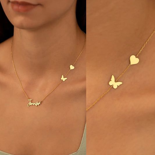 Elegant, personalized name necklace with butterfly and heart charm for women and girls
