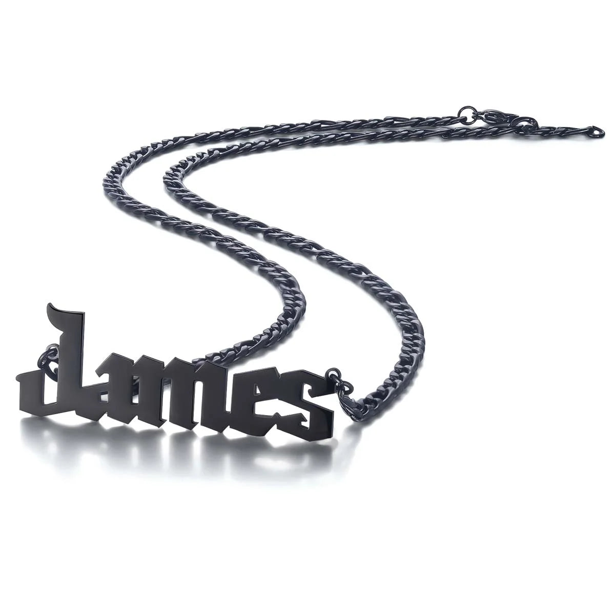 Unique black pendant showcasing Old English font engraving