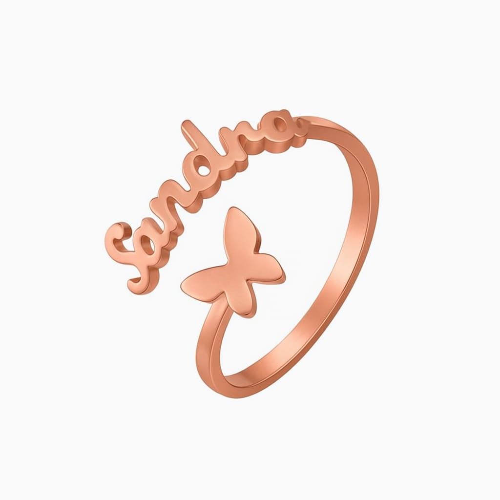 Rose gold butterfly name ring, custom jewelry design