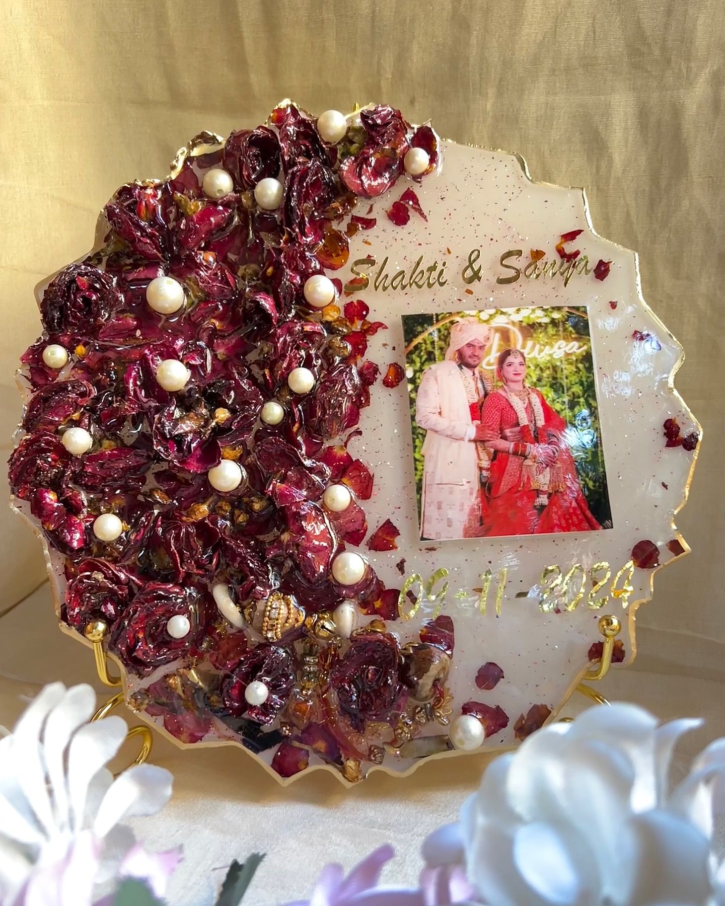 Custom handmade resin frame with preserved rose petals – unique keepsake gift India