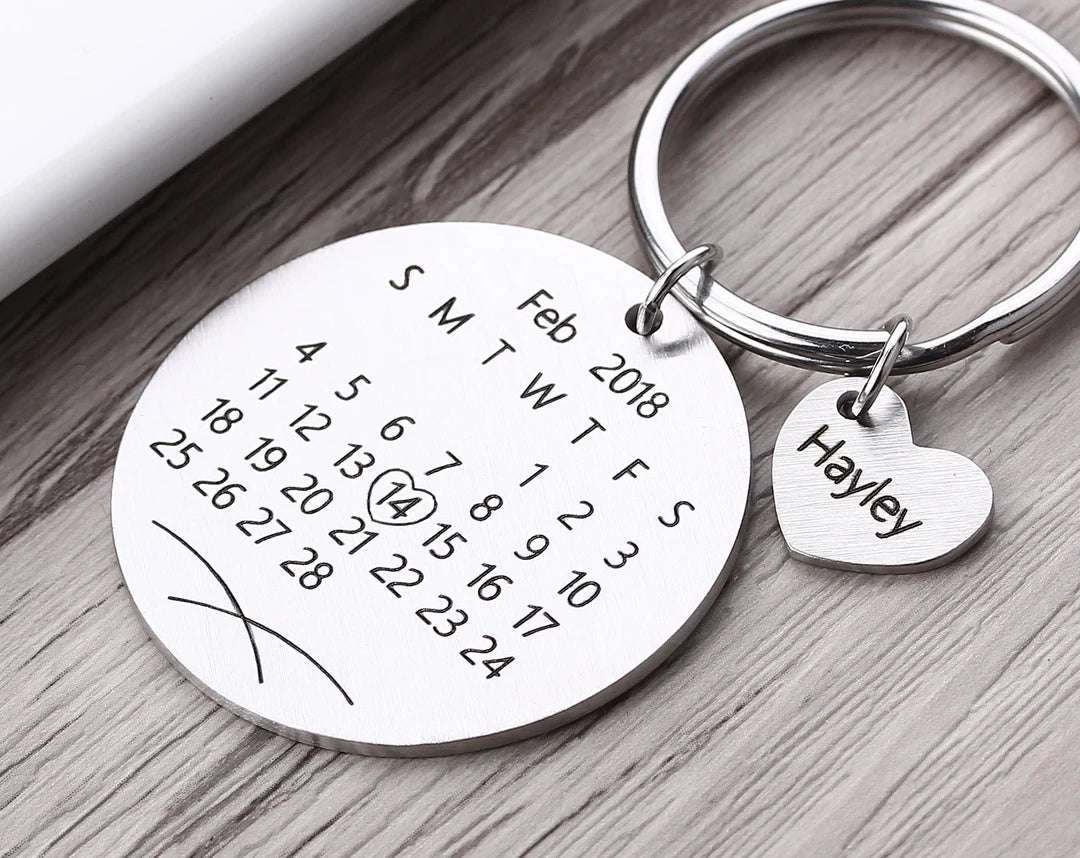Stainless steel calendar keychain personalized for anniversary