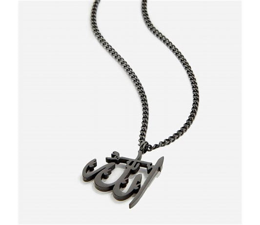 Unique black pendant, shown with chain, Arabic design
