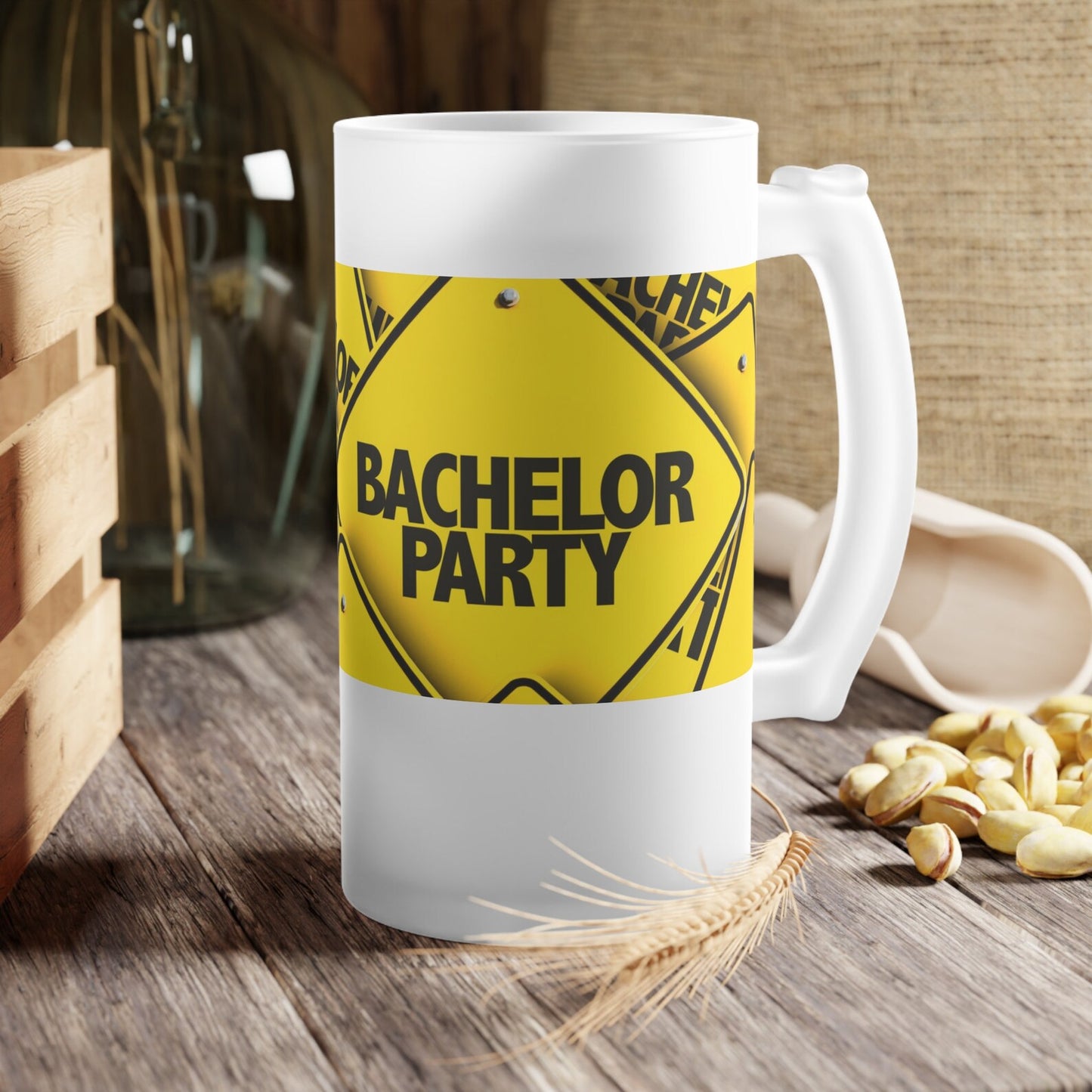 Customizable Frosted Glass Beer Mug 480 ml displaying options for photo, logo, and message for beer, lassi, or buttermilk.