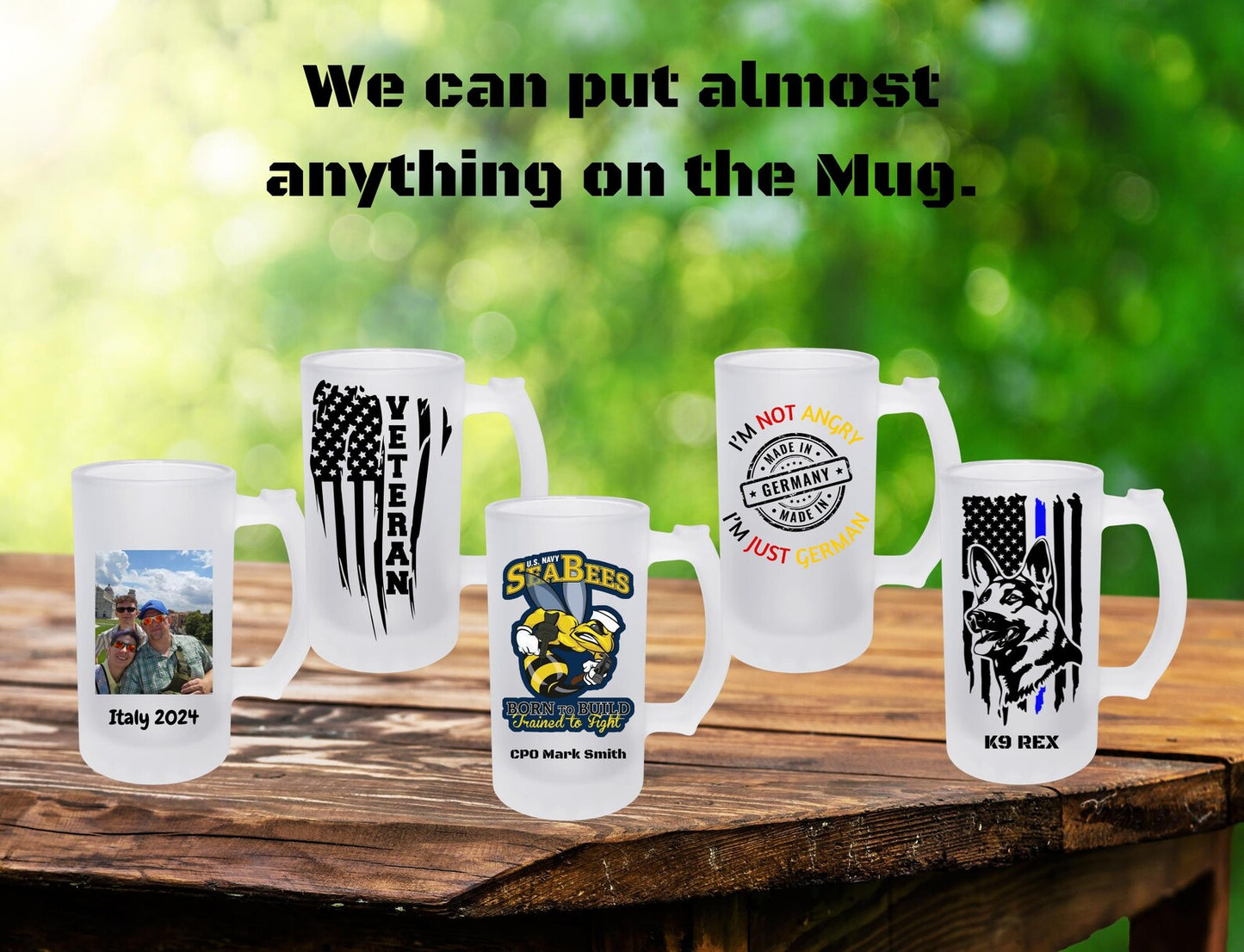 Customizable Frosted Glass Beer Mug 480 ml displaying options for photo, logo, and message for beer, lassi, or buttermilk.