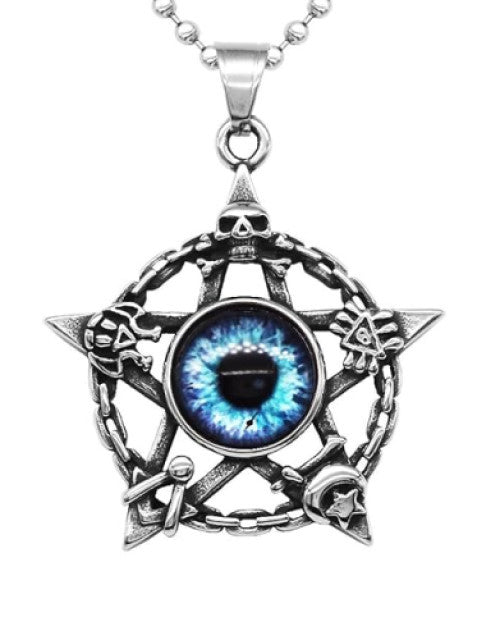 Close-up of stainless steel skull pendant necklace with blue evil eye