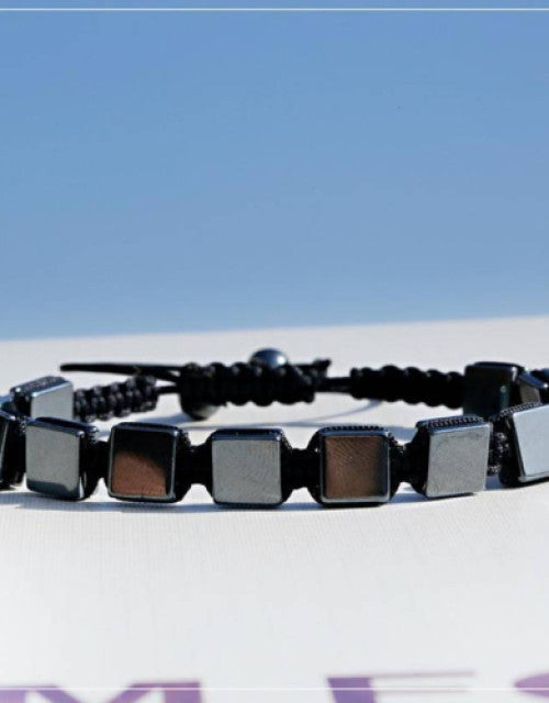 Closeup of stylish black square hematite bracelet