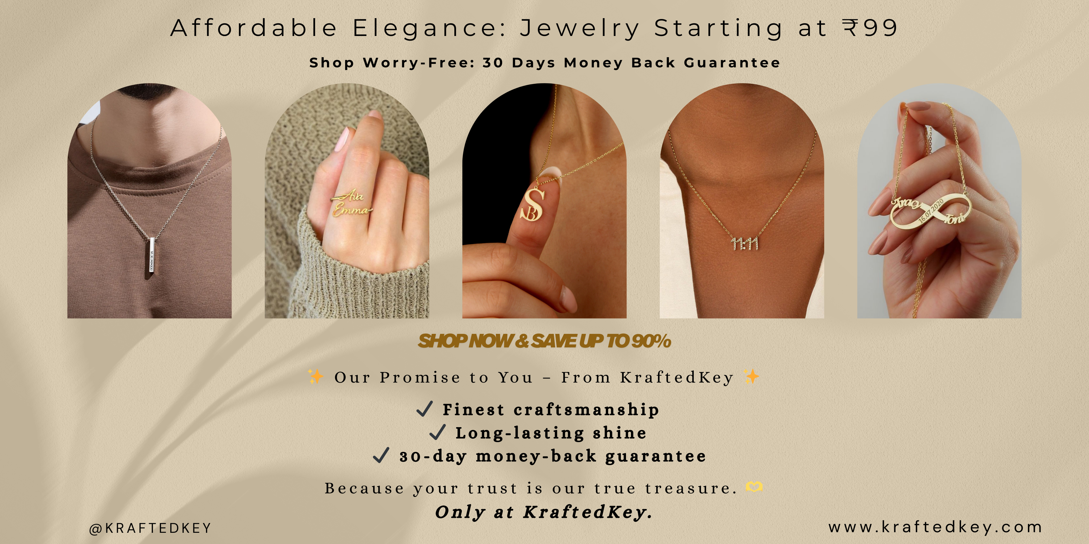 Elegant customized gold and silver personalized jewelry collection by KraftedKey showcasing fine craftsmanship and 30-day money-back guarantee sale offer