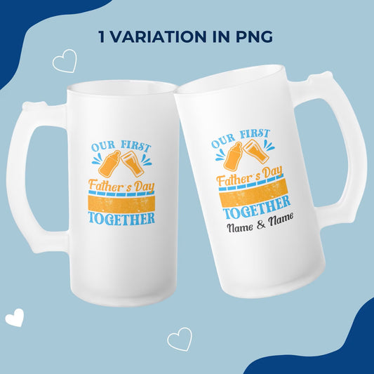 Customizable Frosted Glass Beer Mug 480 ml displaying options for photo, logo, and message for beer, lassi, or buttermilk.