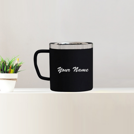250 ml matte black steel mug with engraved silver text, ergonomic handle, and scratch-resistant finish—ideal for personalized gifts.