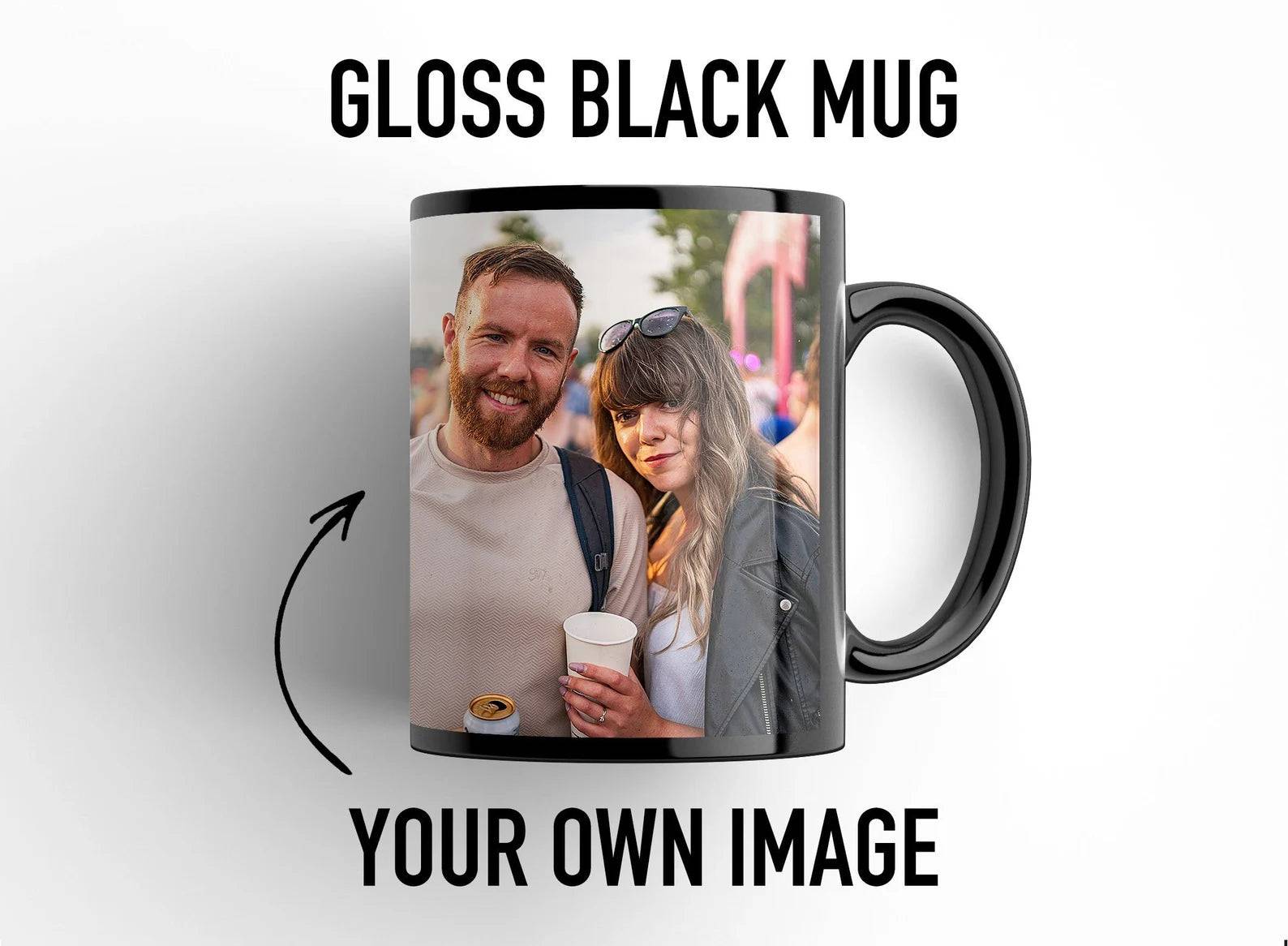 Personalized black mug photo & message – custom ceramic coffee mug featuring a high-resolution photo and personalized text, crafted with fade-resistant sublimation printing, sleek durable design, ideal for commemorative gifts, corporate branding, personalized keepsakes, and daily coffee rituals.