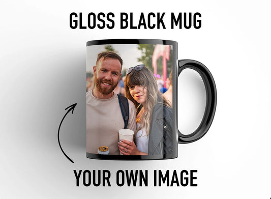 Personalized black mug photo & message – custom ceramic coffee mug featuring a high-resolution photo and personalized text, crafted with fade-resistant sublimation printing, sleek durable design, ideal for commemorative gifts, corporate branding, personalized keepsakes, and daily coffee rituals.