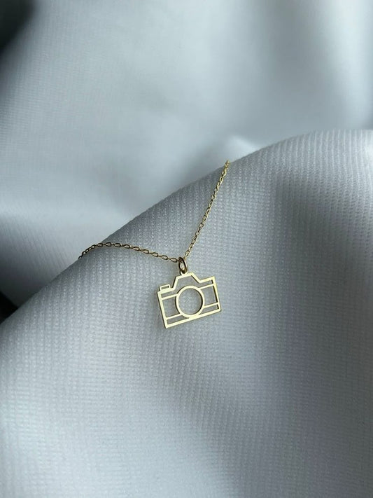 Detailed camera charm necklace pendant on silver chain, perfect gift for photographers