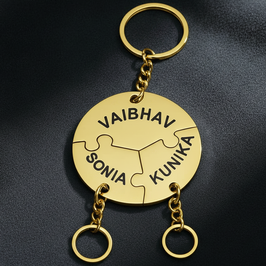 Close-up of interlocking circle puzzle pieces spelling a personalized name.​