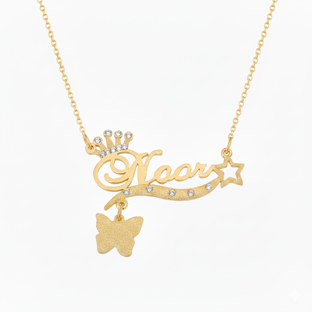 Personalized name necklace with a studded crown and butterfly in gold plating.
