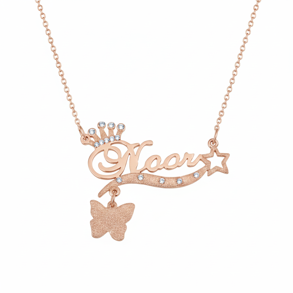 Rose gold custom name necklace with butterfly and crown in 18 inch chain.