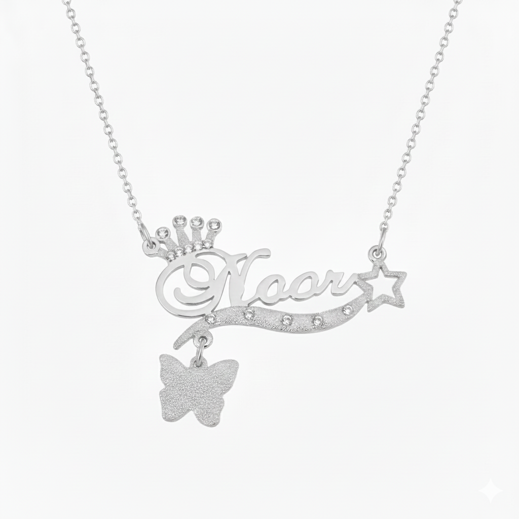 Luxury silver-plated name pendant with crown detail and mangalsutra chain option.