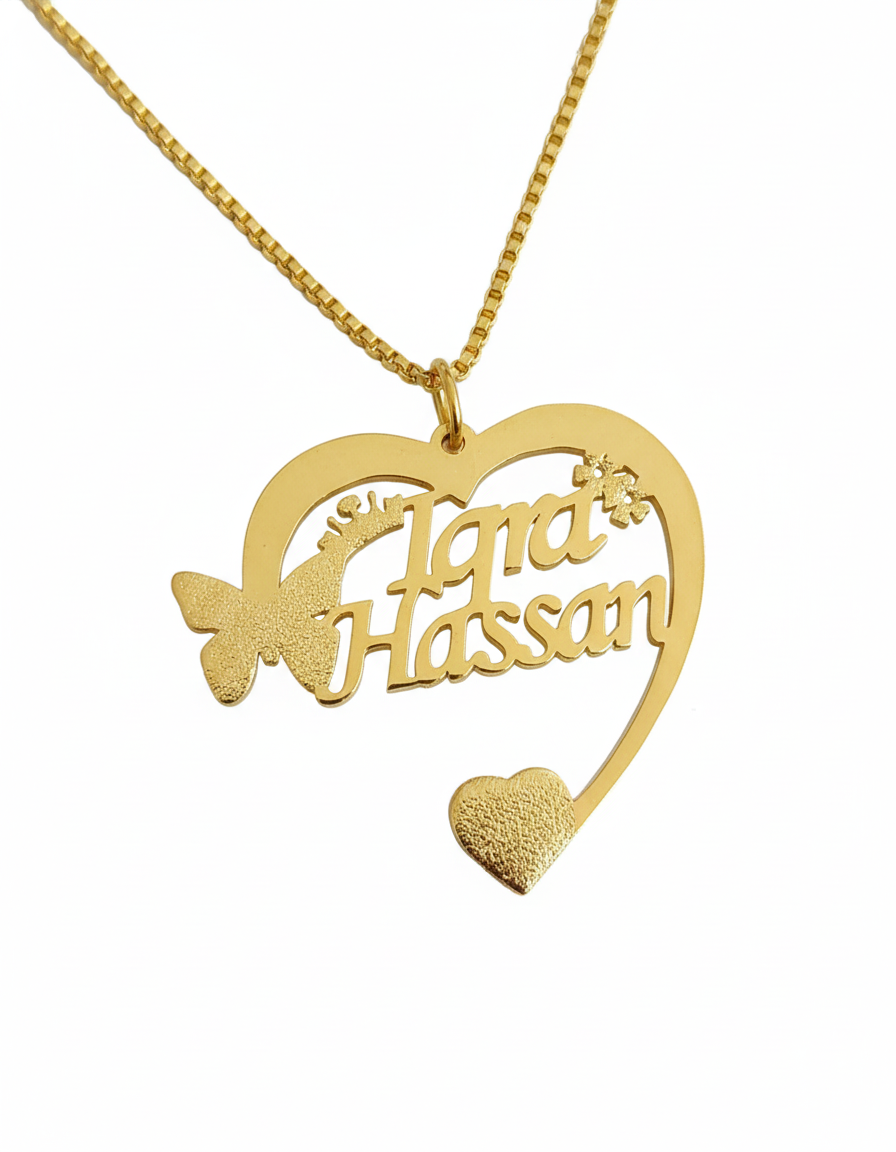 Rose gold heart-shaped necklace featuring two custom names and stone cut finish.