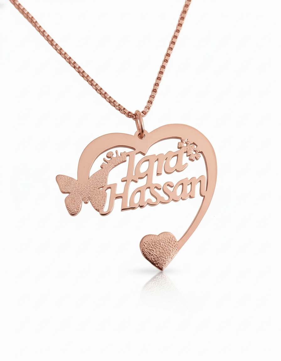 Elegant silver-plated duo name pendant with intricate butterfly wings.