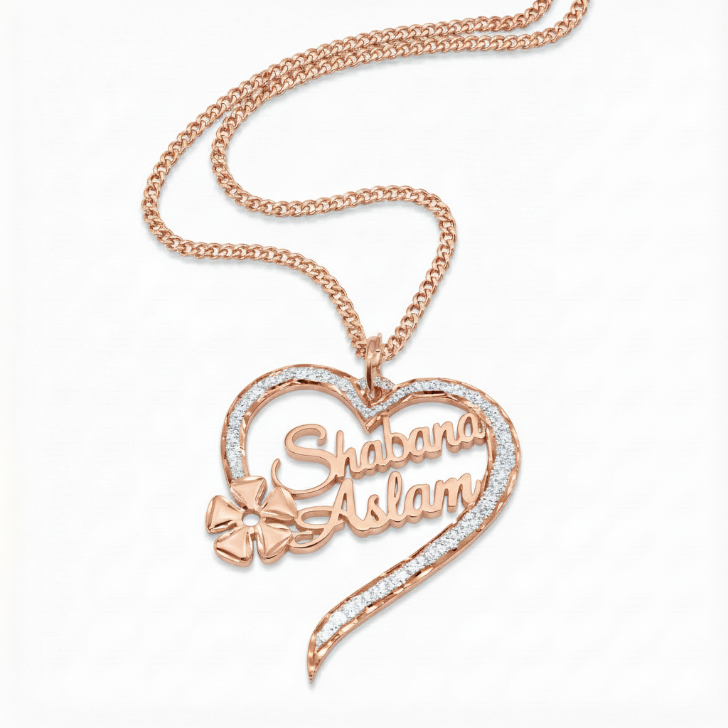 Premium diamond studded flower heart pendant in rose gold finish.