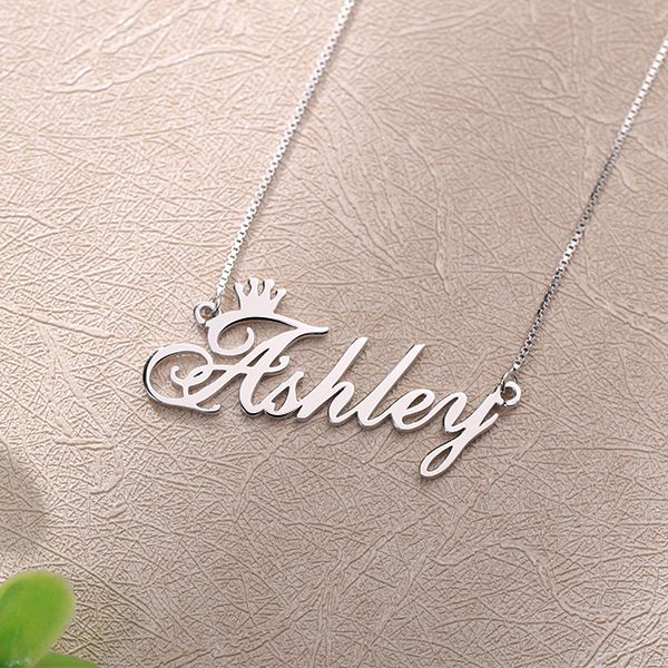 Crown pendant with custom name, elegant chain, side profile