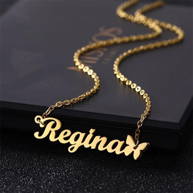 Rose gold butterfly pendant with personalized name, front view