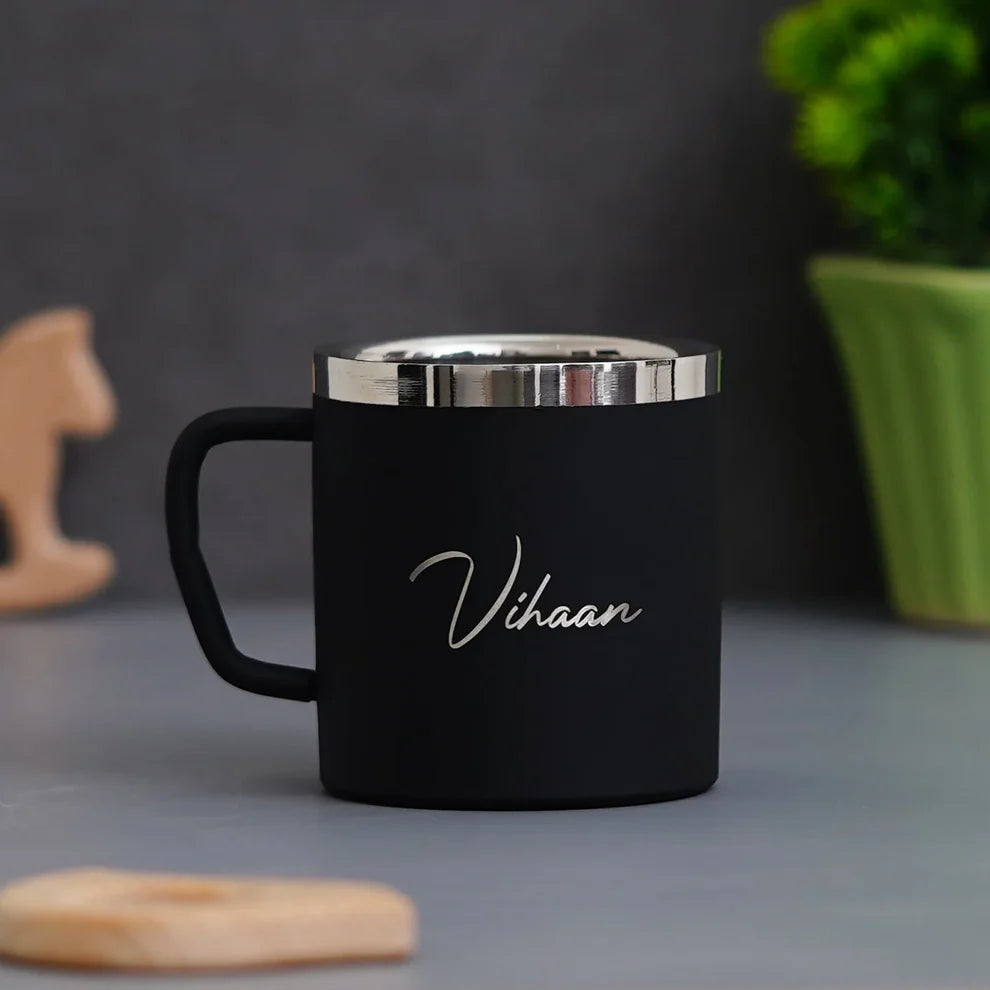 250 ml matte black steel mug with engraved silver text, ergonomic handle, and scratch-resistant finish—ideal for personalized gifts.