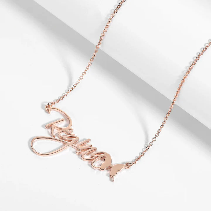 Butterfly pendant necklace with name, displayed on chain