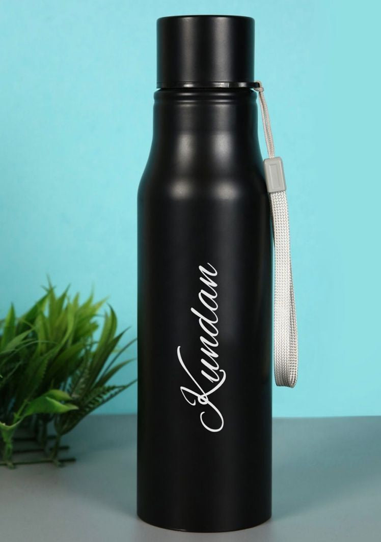 Custom 800 ml black stainless-steel water bottle with full-wrap photo, quote, name, or logo—sweat-free and durable.