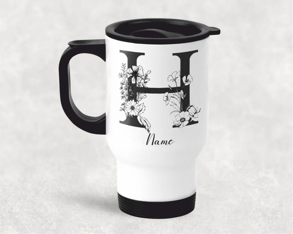 Customized stainless steel travel mug with engraved name, double-wall insulation, and leak-proof lid – ideal for hot or cold drinks.