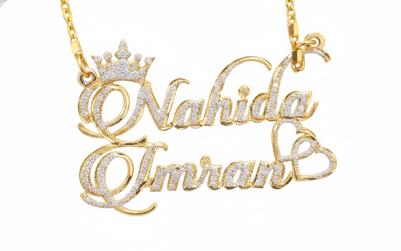 Elegant double name crown jewelry styled with a mangalsutra chain option.