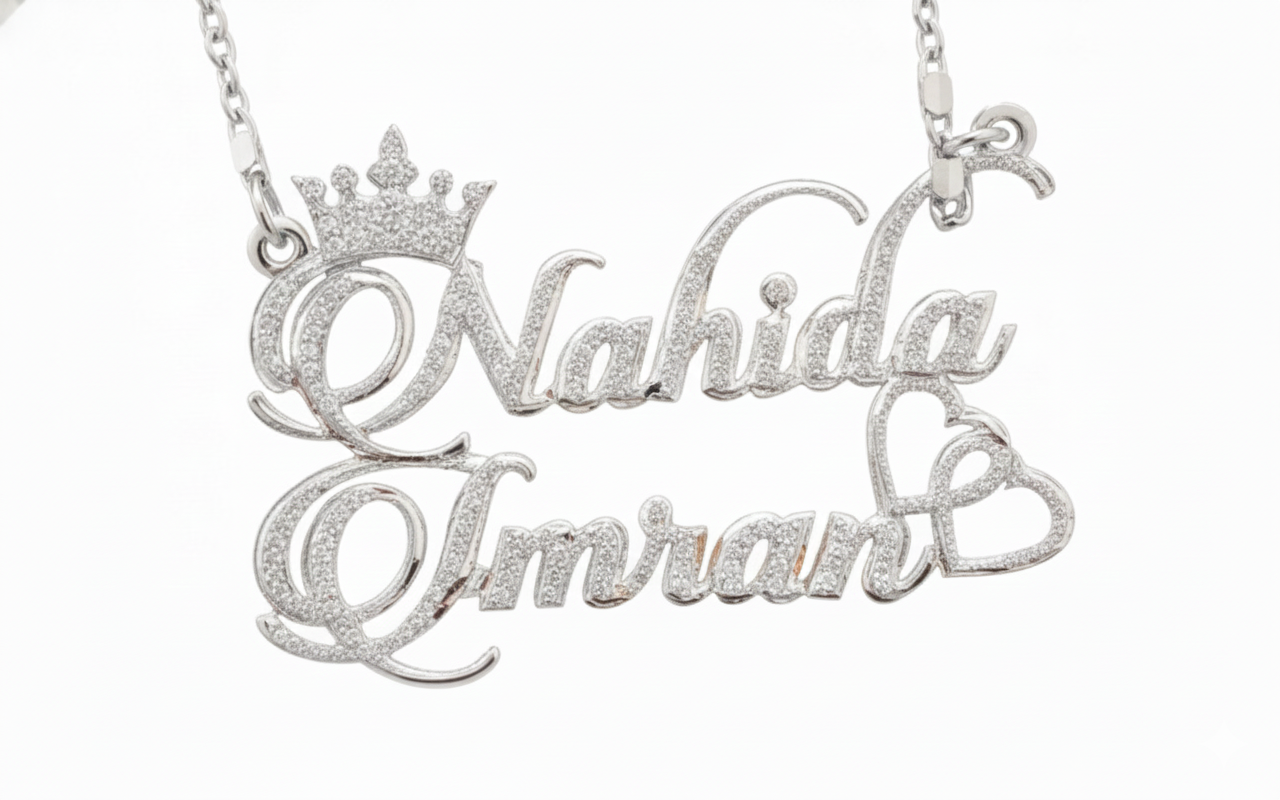 Premium metal dual name crown pendant in a sleek silver finish.