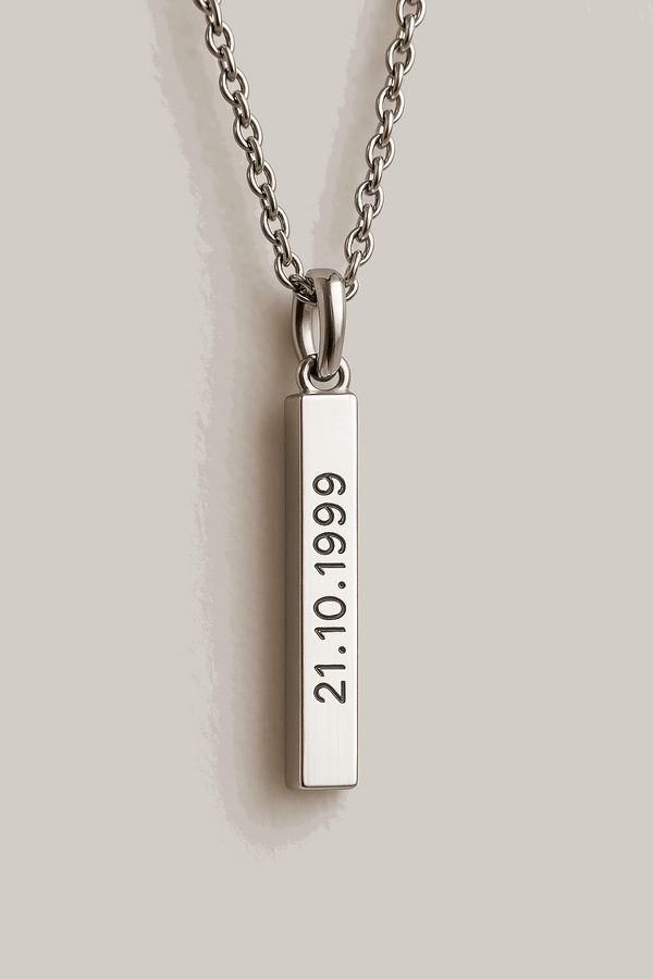 Vertical Bar Birthdate Necklace - Custom Engraved Anniversary Pendant - KraftedKey