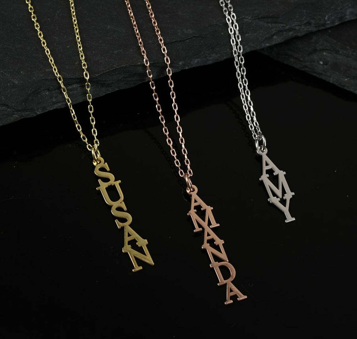Rose gold vertical line name pendant, unique custom accessory