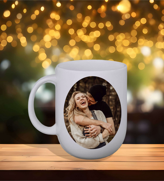 Personalized coffee mug in capsule design – add photo, quote, or message for a unique 320 ml gift item.