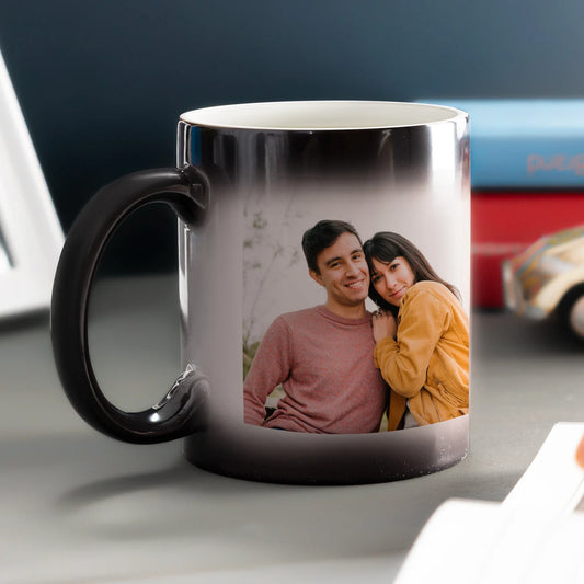 Personalized Photo Transform Magic Mug – a high-quality ceramic mug with a heat-activated design that reveals a hidden photo when hot or cold beverages are added, ideal for custom keepsakes and commemorative gifts.