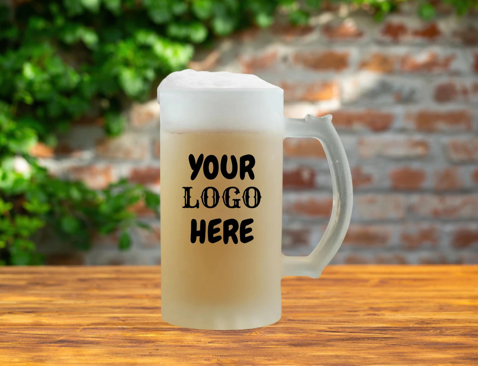 Customizable Frosted Glass Beer Mug 480 ml displaying options for photo, logo, and message for beer, lassi, or buttermilk.