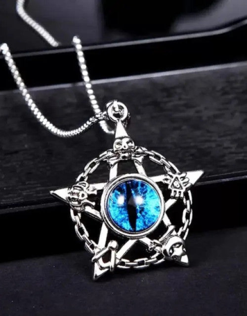Men’s stainless steel pentacle star evil eye skull pendant necklace blue