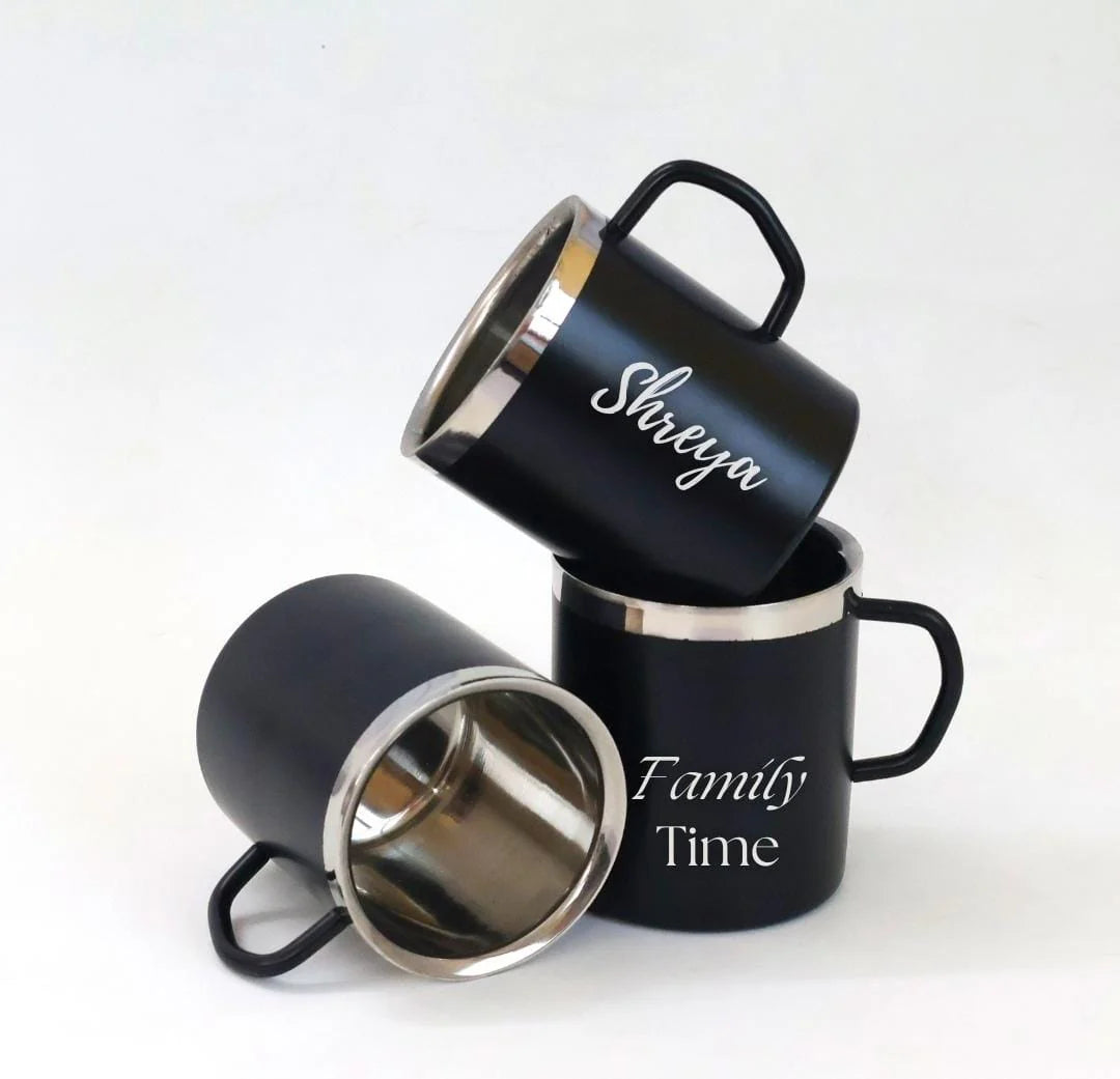 250 ml matte black steel mug with engraved silver text, ergonomic handle, and scratch-resistant finish—ideal for personalized gifts.